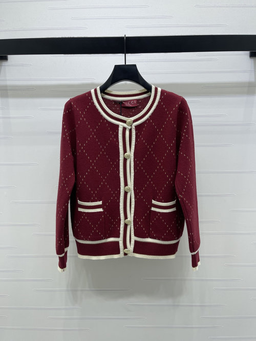 Gucci High - quality Knit Open - front Cardigan with Checkerboard Contrast