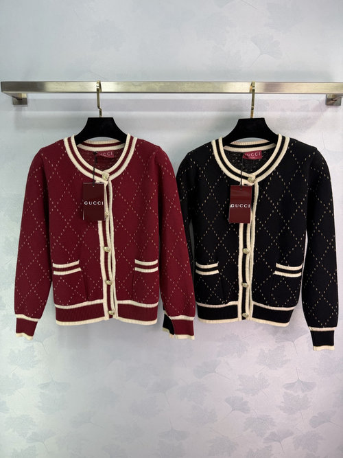 Gucci Classic Diamond Pattern Knit Cardigan with Metal Buttons