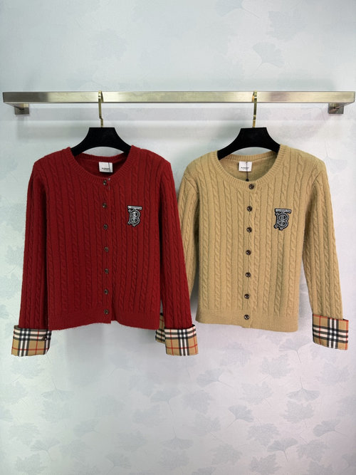 Burberry Classic Twisted Knit Cardigan with Check Cuffs and Badge