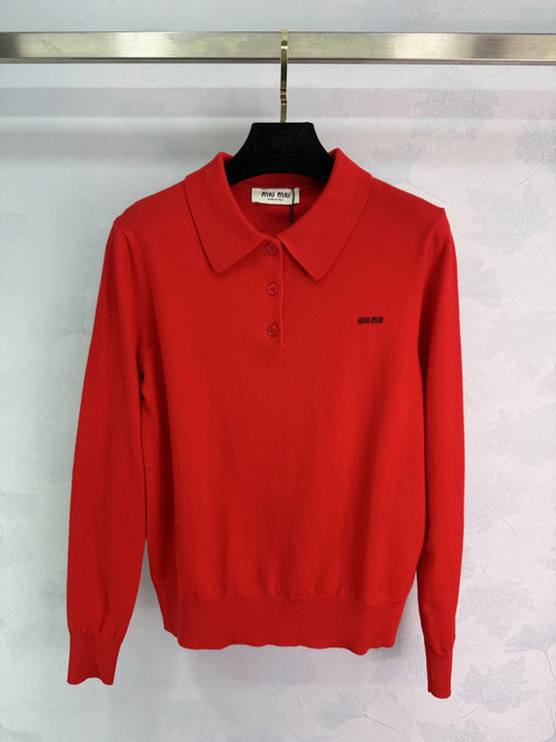 Miu Miu Red Knit Polo Shirt with Classic Collar and Embroidery