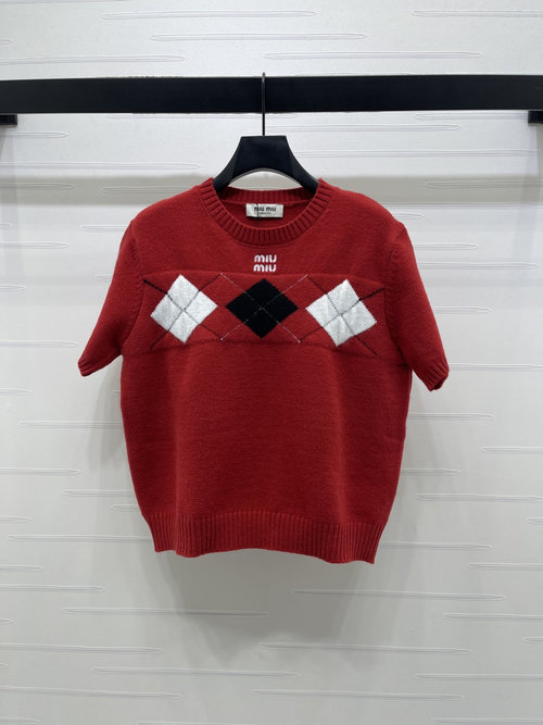 Miu Miu Customized Checkerboard Pattern Knit Short Sleeve