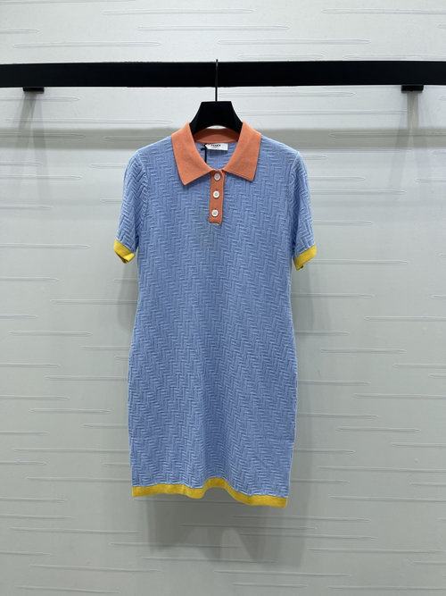 Fendi Elegant Jacquard Knit Short Sleeve Dress with Double F Logo