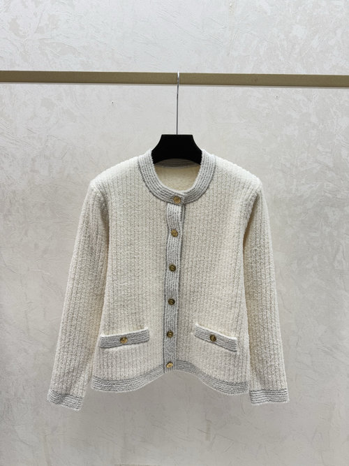Gucci Classic White Contrast Round Neck Knit Long Sleeve Cardigan