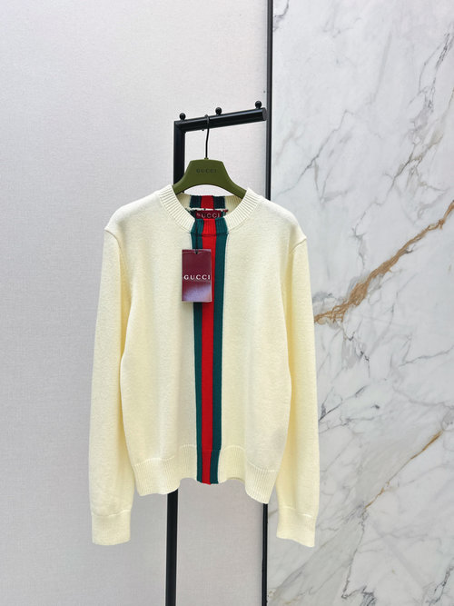 Gucci Crew-neck Pullover Sweater with Vertical Ribbon, Cashmere