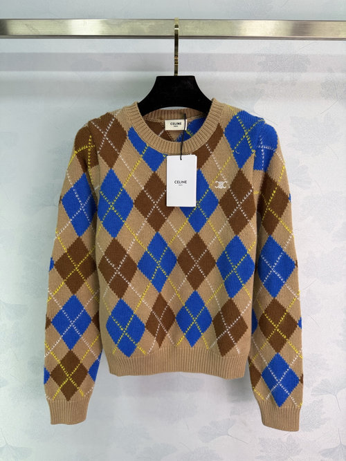 Celine Warm Wool Knit Sweater with Check Pattern, Cozy Elegance