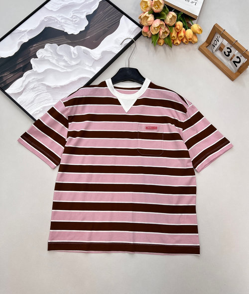 Prada Striped T-Shirt with Letter Patch Pocket in High-Street Style
