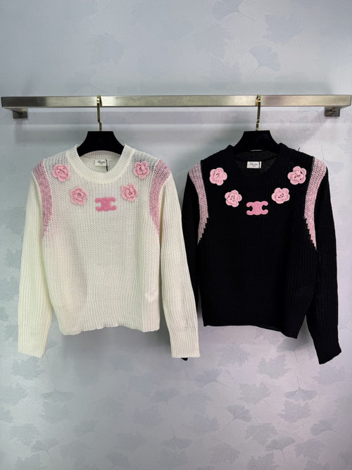 Celine Floral Embroidered Knit Top with Pink Shoulders, Elegant Style