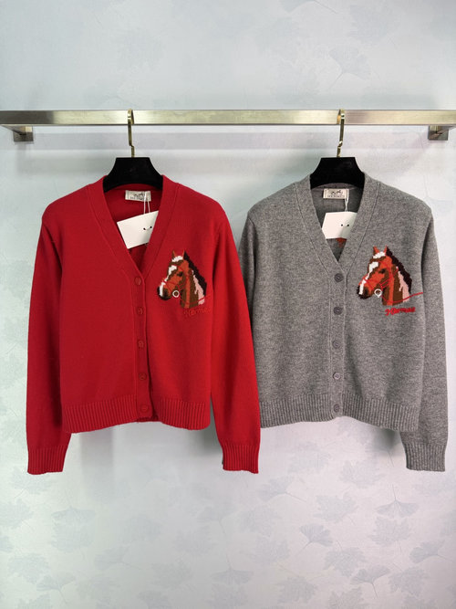 Hermes V - Neck Knit Cardigan with Horse Head Pattern, Versatile Appeal