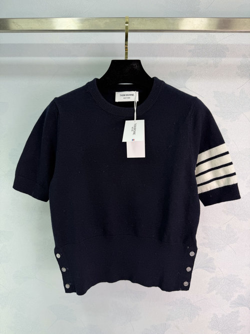 Thom Browne Round Neck Knit Short Sleeve with Contrast Stripes, Relaxed Look