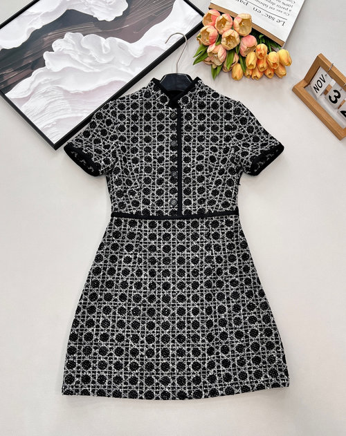 Chanel Classic Tartan Collared Short-Sleeve Single-Button Dress