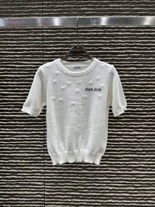 Miu Miu Handmade Beaded Knit Short-Sleeved Top