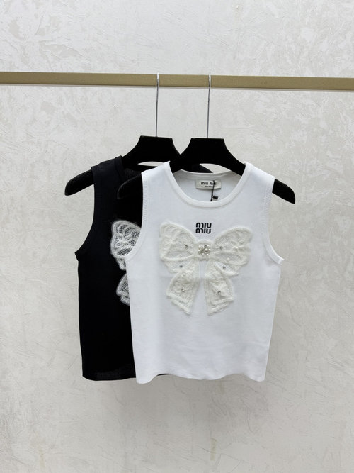 Miu Miu Contrast Color Bowknot Beaded Round Neck Knitted Vest in White & Black
