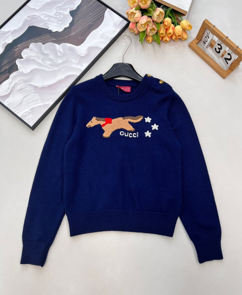 Gucci Navy Dog Embroidery Knitwear with Luxury Details