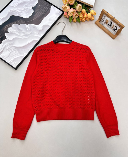 Miu Miu Red Knit Cropped Sweater with Logo and Hollow-out