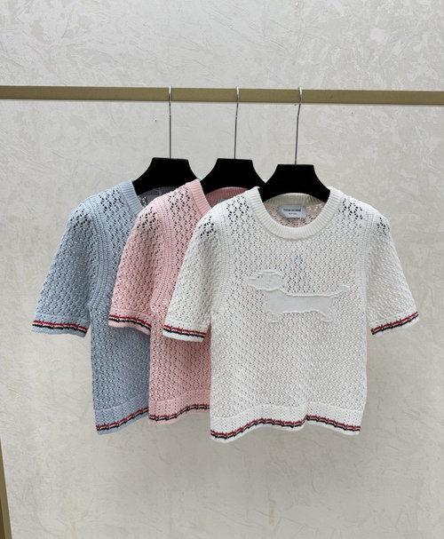 Thom Browne Spring Contrast Stripe Hollow Round Neck T-Shirt