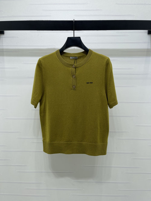 Miu Miu Button Half-Open Knit Short Sleeve with Embroidered Logo