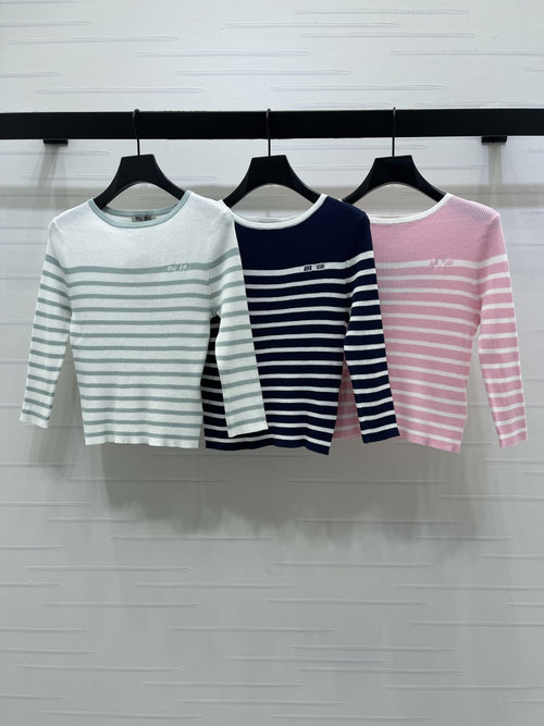 Miu Miu Wool Knit Striped Round Neck Long Sleeve Top