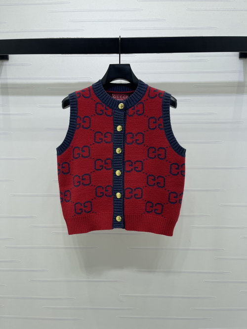 Gucci Premium Round-Neck Jacquard Knit Sleeveless Cardigan with Double G Motif