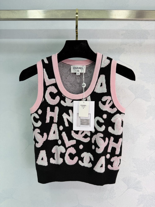 Chanel Fashionable Black Knit Vest with Pink and White Letter Jacquard