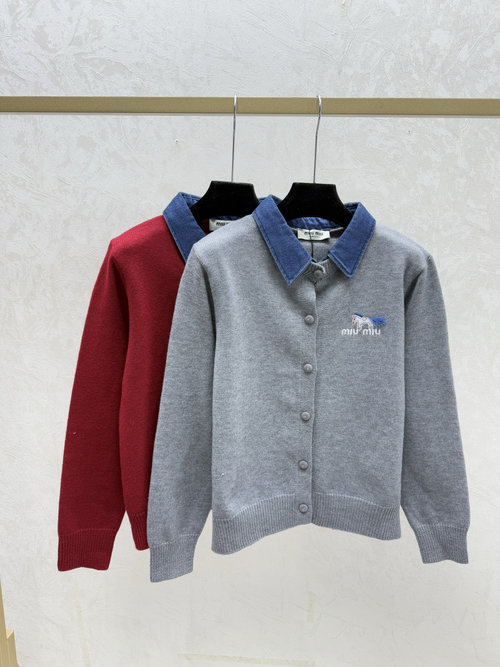 Miu Miu Contrast Collar Pony Knit Long Sleeve Cardigan in Gray and Red