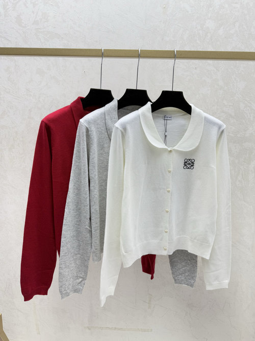 Loewe Solid Simple Hooded Knit Long Sleeve Cardigan in White, Red & Gray