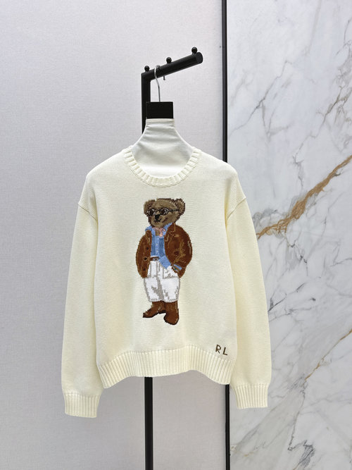 Loro Piana Classic H-Style Short Sweater with Bear Embroidered Pattern