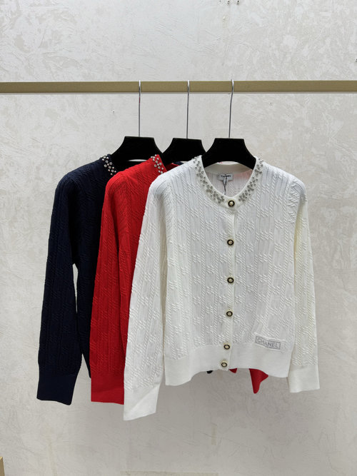 Polo Ralph Lauren Solid Color Beaded Round-Neck Long-Sleeve Cardigan in White, Red, Black