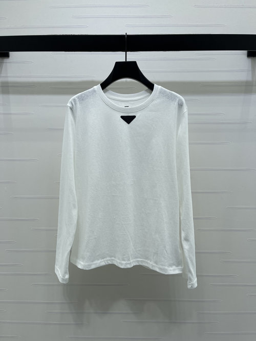 Prada Round Neck Logo Long-Sleeve Top with Triangular Mark