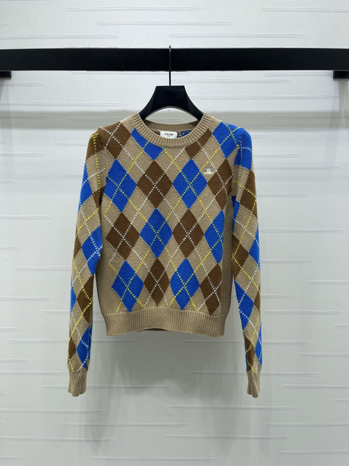 Celine Early Spring Diamond Long - Sleeve Knit Sweater