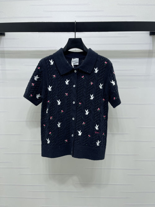 Dior Embroidered Floral Peace Dove Lapel Short Sleeve Cardigan