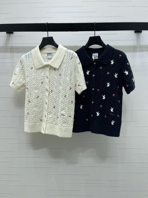 Dior Embroidered Floral Peace Dove Lapel Short Sleeve Cardigan