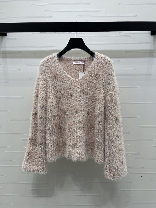 Valentino Luxury Diamond-Embellished Feather V-Neck Knitted Sweater