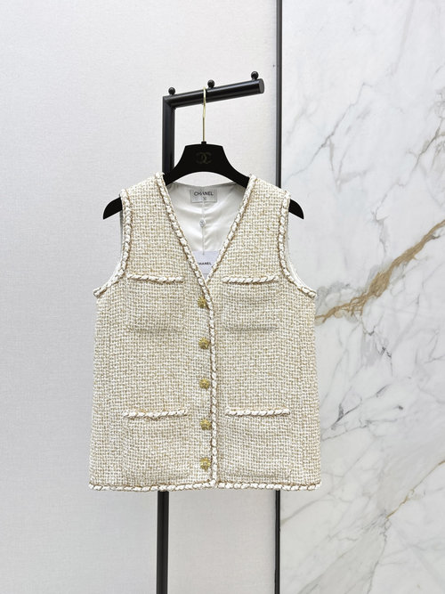 Chanel Gold Tweed V-Neck Vest, Sparkling and Elegant