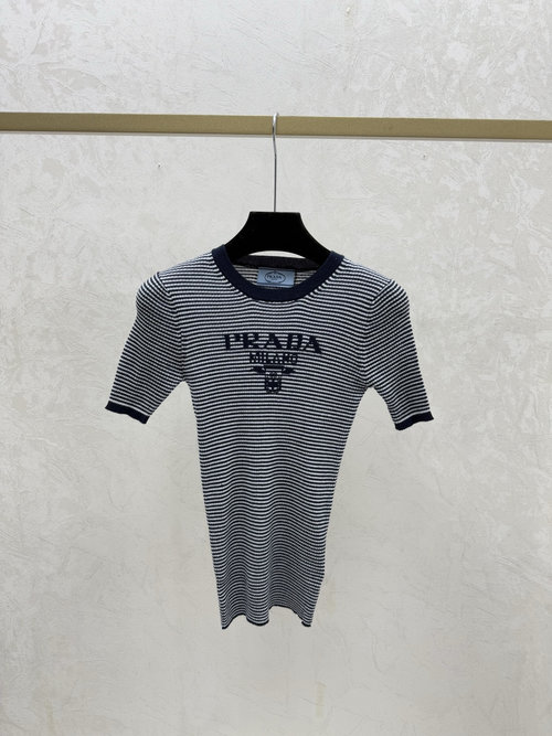 Prada Round Neck Knit Short Sleeve with Colorful Striped Letters