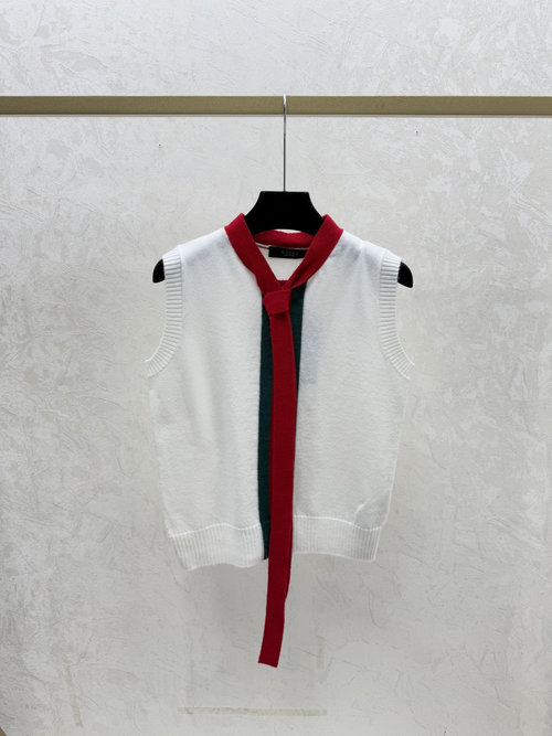Gucci Round Neck Knit Sleeveless Vest with Colorful Striped Bow