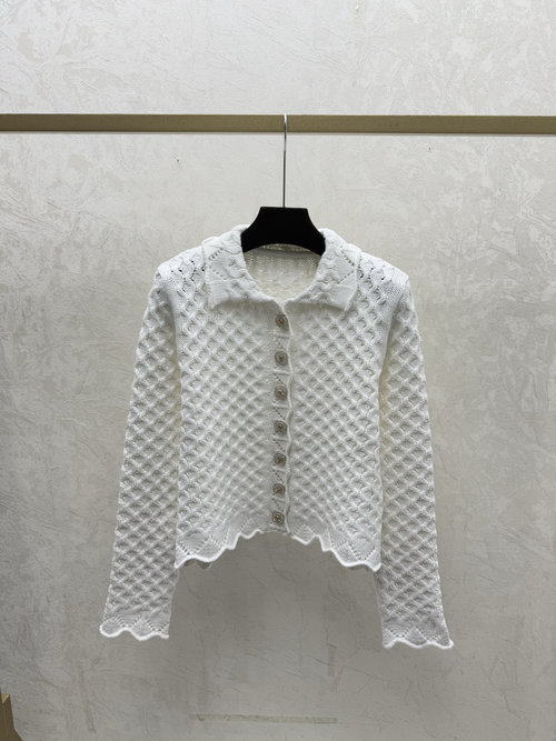 Chanel Long Sleeve Knit Cardigan with Elegant Collar and Lace