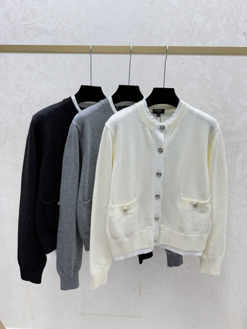 Chanel Contrast Color Round Neck Knit Long Sleeve Cardigan in White, Gray & Black