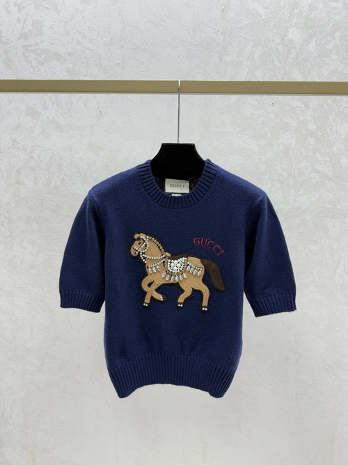 Gucci Color - Blocked Pony Beaded Collar Knit Short Sleeve