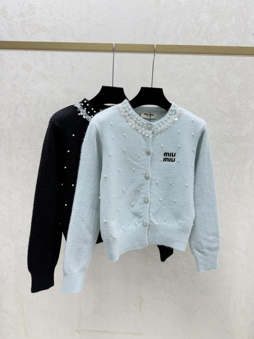 Miu Miu Solid Color Beaded Collar Blue & Black Knit Long Sleeve Cardigan