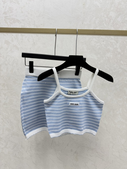 Miu Miu Colorful Contrast Striped Pink, Blue & Black Knit Suspender Set