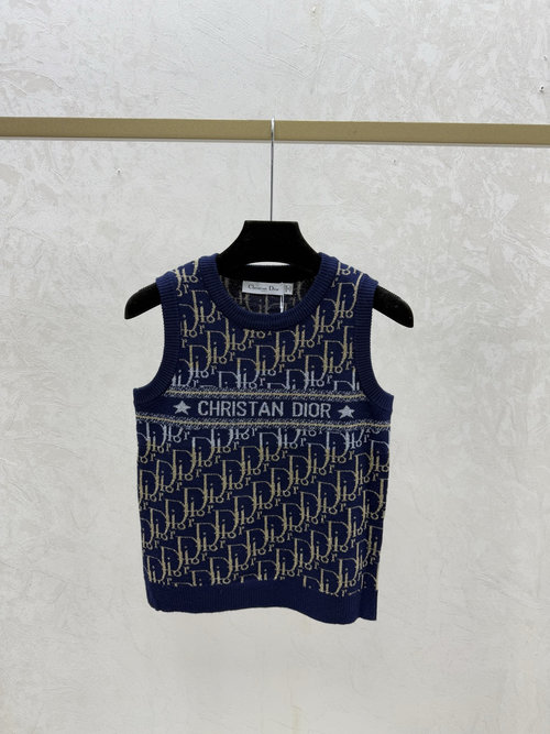 Dior Royal Blue Floral Letter Round Neck Knit Vest