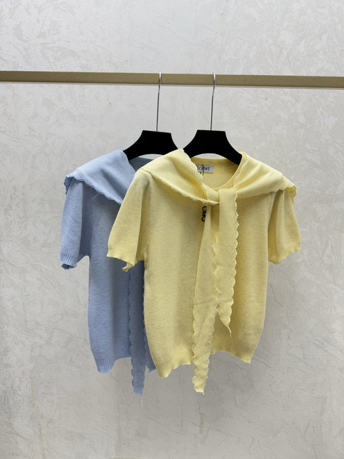 Loewe Yellow and Blue Solid Color Shawl Round Neck Knit Short Sleeve
