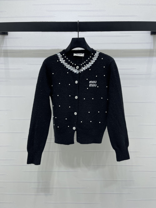 Miu Miu Heavy Beaded Round-Neck Long-Sleeved Cardigan