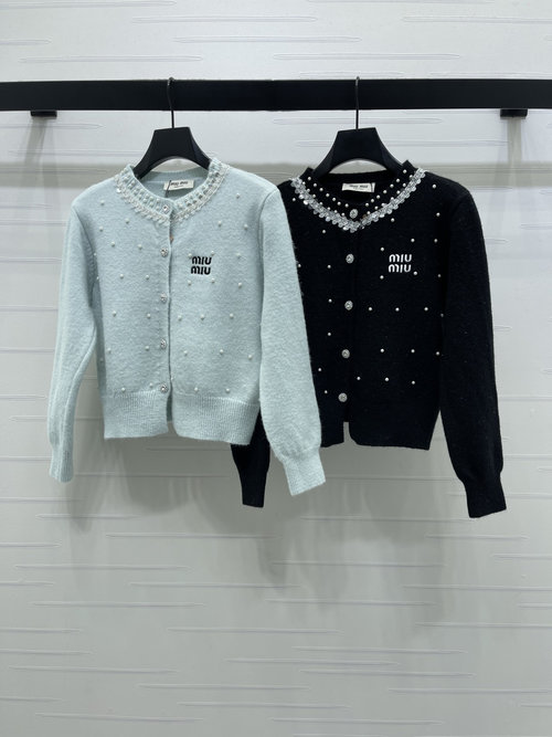 Miu Miu Heavy Beaded Round Neck Long Sleeve Cardigan