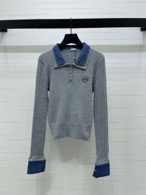Loewe Denim Spliced Collared Knit Long Sleeve
