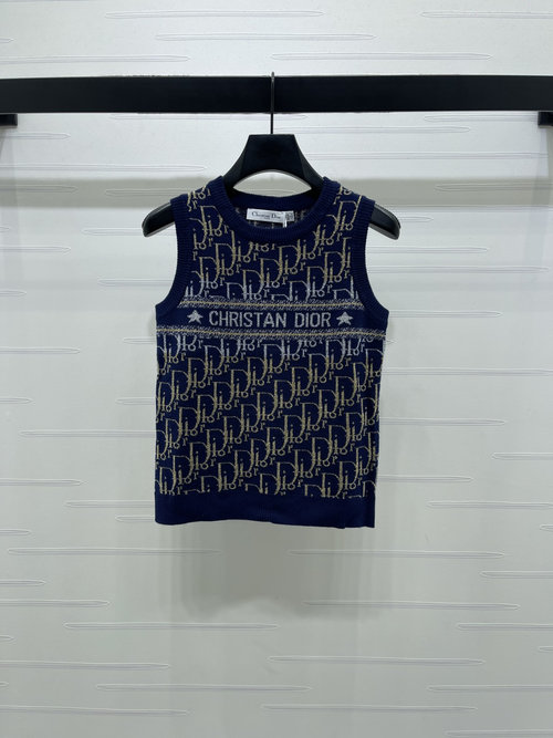 Dior Color-Block Gold Thread Logo Knit Vest with Ribbed Edges