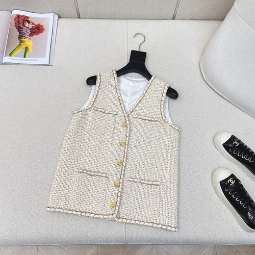 Chanel Gilded Tweed V-neck Vest, Chic with Glitter