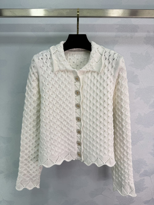 Chanel Pearl White Crochet Knit Cardigan, Elegant and Graceful