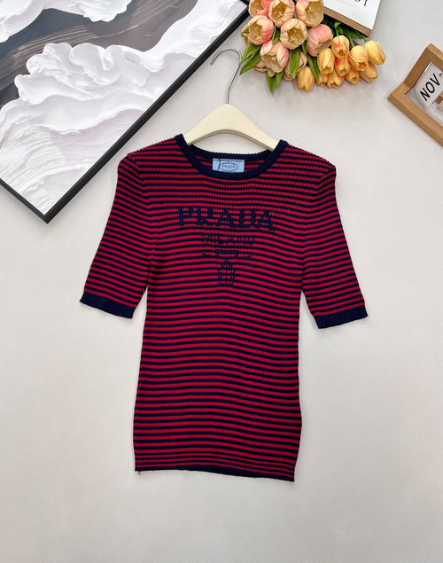 Prada Color-Blocked Stripe Knit Top with Logo, Elegant Style