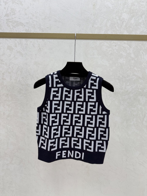 Fendi Navy Blue Contrast Patterned Letter Round Neck Knit Vest